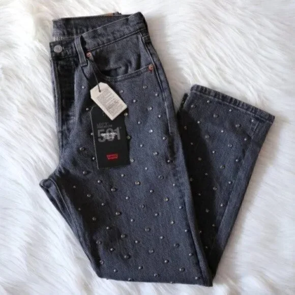 NWT Levis Jeans 501 Crop Crystal Jeans Size 27 Rhinestone High Rise Straight Leg